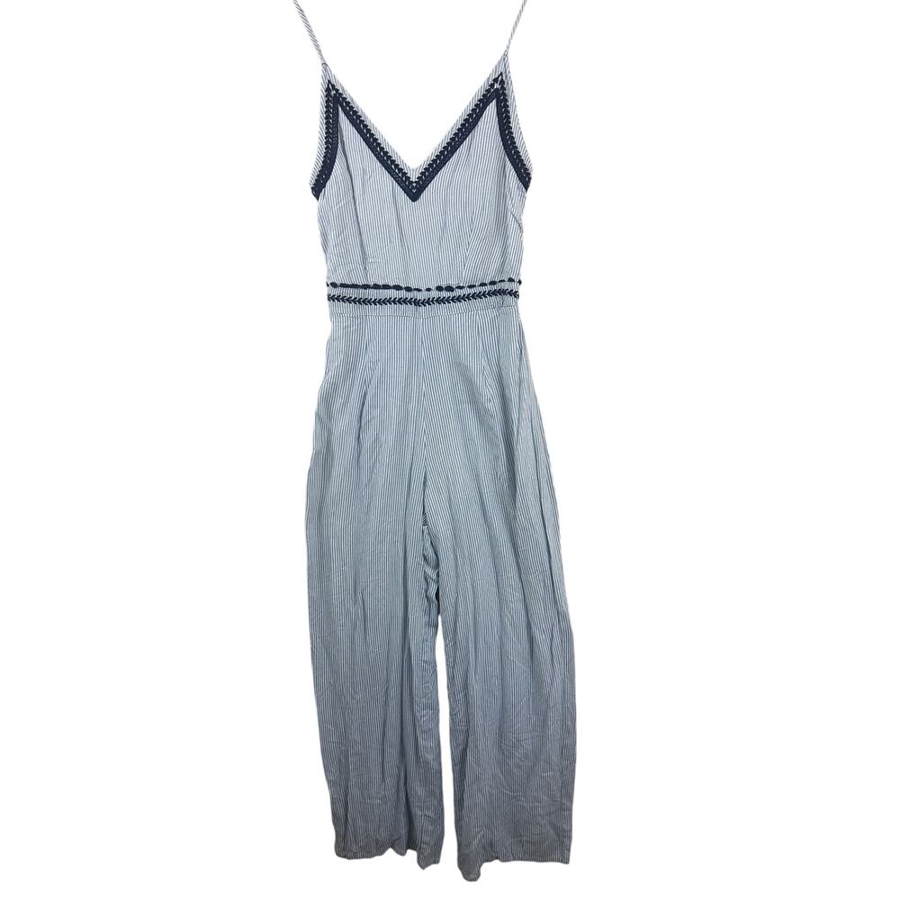 Japna Blue White Stripe Embroidered Wide‎ Leg Jumpsuit Spaghetti Strap XS